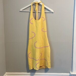Retro style knit bright yellow low back halter dress S M